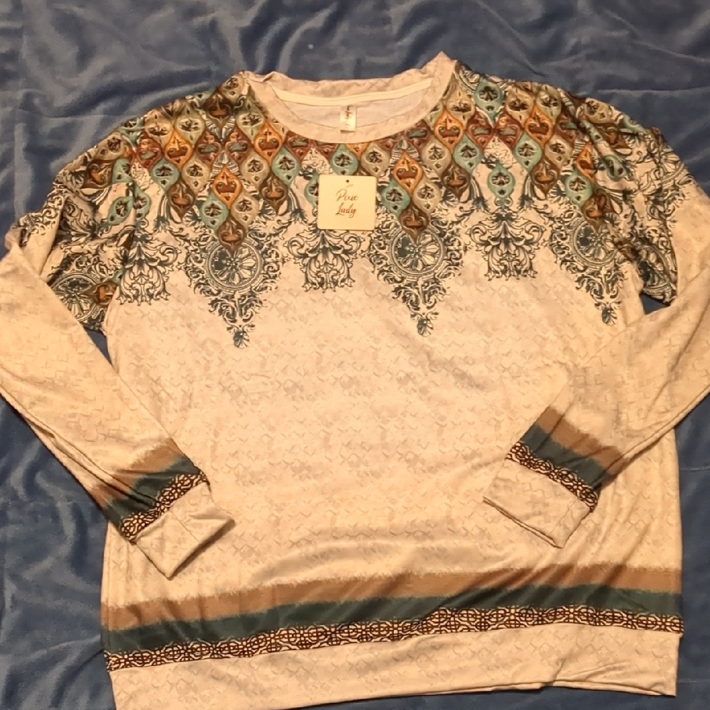 Pixie  Boho Chic Long Sleeve Top in Blue,Green, Brown